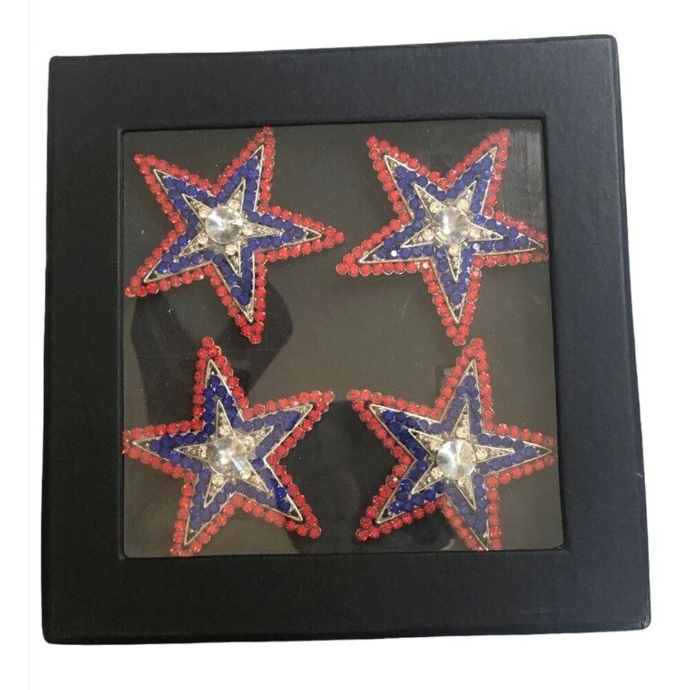Patriotic July 4th Napkin Rings Red White Blue Silver Star Rhinestone Set of 4